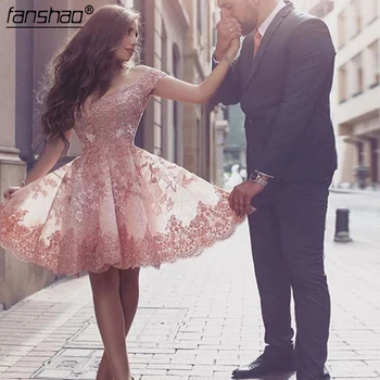 

Nude Pink Homecoming Dresses Off The Shoulder Knee Length Tulle Appliques Lace Elegant Cocktail Dresses