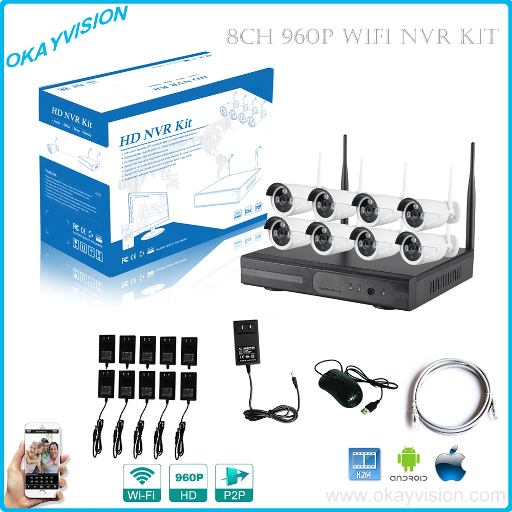 8ch HD P2P Беспроводной NVR комплекты Plug and Play CCTV Системы Surveillance Kit 960 P Открытый