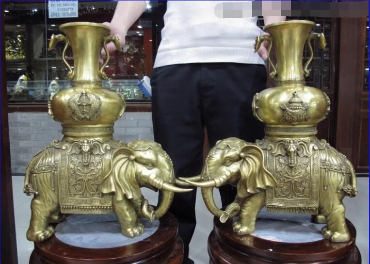 

China Palace Copper Brass Feng Shui treasures Elephant God bottle Vase Pair
