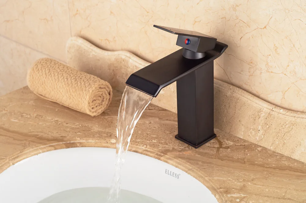 

Deck Mounted Oil Rubbed Bronze Waterfall Square Bathroom Faucet Sink Mixer Tap