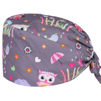

Owl Gray Nurse Surgical Cap Medical Scrub Hat Hospital Accessories Women Men 100% Cotton Dentist Work Hats with Sweatband