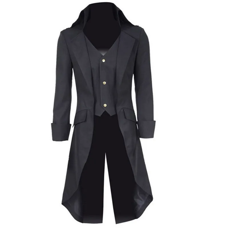 Mens Gothic Tailcoat Jacket Steampunk Trench Cosplay Costume Victorian Coat Black Long Coat Men's Tuxedo Suit Halloween Party