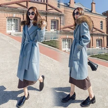 Hchenli Brand 2017 Women Large Long Wool Coat High Quality Blue Khaki Fashion Outerwear Fur Collar