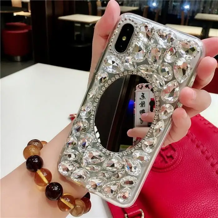 Креативные Rhinestone задняя крышка-чехол для телефона с зеркалом для макияжа для серебро iPhone легко надевается и снимается