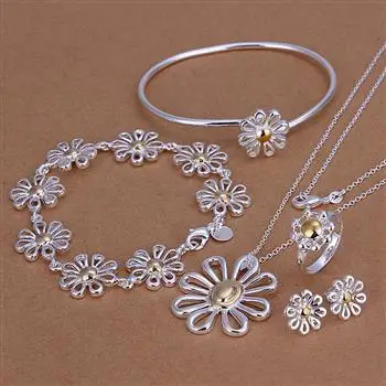

925 Silver double golden Daisy bracelet necklace pendant earring stud ring women fine fashion jewerly wholesale