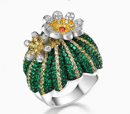 

ZOZIRI 925 Sterling Silver green cz Cactus Ring for Women Fashion Cubic Zircon Prickly pear finger rings Brand HF Jewelry