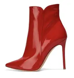 Новое поступление, красные лакированные кожаные женские ботинки для верховой езды с острым носком без застежки, ботильоны из зеркальной