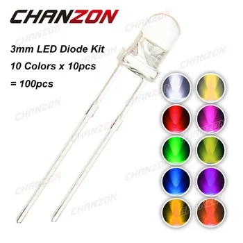 CHANZON 100pcs (10 colors x 10pcs) 3mm LED Diode Kit 3 mm Light Emitting Warm White Green Red Blue Yellow Orange Purple UV Pink