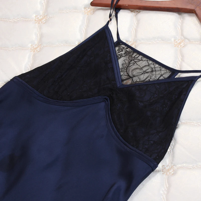 19 Муми натуральная шелковые ночные рубашки новые летние Тяжелая шелк пижамы Для женщин Темно-синие пикантные элегантные слинг длинные Sleepingdress
