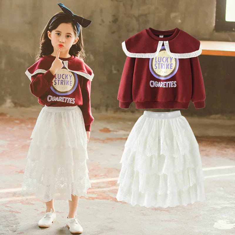 

Children's two-piece suit cute baby girl clothes 2019 spring young children's long-sleeved shirt + white lace culottes suit