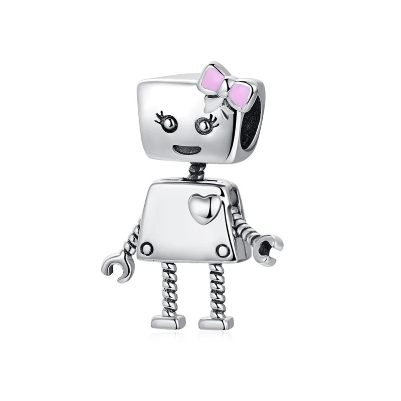 Бусины из стерлингового серебра 925 розовый эмаль сила Любовь Сердце робот Шарм Подходит Pandora Браслеты DIY ювелирные подвески - Цвет: Robot 1