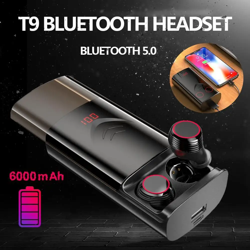 Bluetooth 5,0 T9 наушники-вкладыши TWS с Беспроводной наушники стерео Hi-Fi Шум снижение Earpbuds с 6000 мА · ч зарядный чехол Водонепроницаемый Спортивная гарнитура с Bluetooth - Цвет: Black