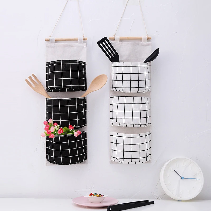 Grid Cotton Linen Hanging Storage Bag 3 Pockets Wall Mounted Wardrobe Hang Bathroom Organizer Cosmetic Toy | Дом и сад