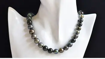 

stunning 11-12mm Tahitian round peacock green multicolor pearl necklace 925s