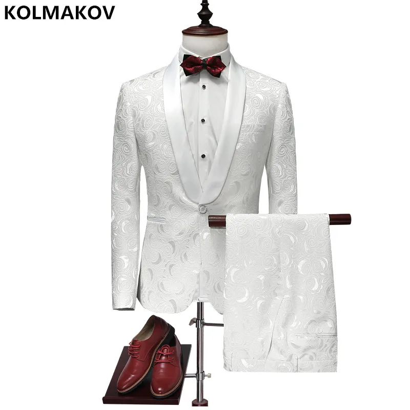 2018 New Brand Men's Suits 2 Pieces Jacket+Pants Solid White Suit Wedding Groom Dress Party Clothing Luxury Slim Fit for youth 