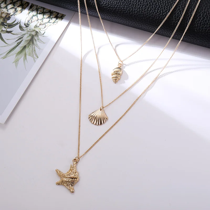 

Bohemian Fashion Female Metal Starfish Shell Pendants Layered Necklaces Women 2019 Trendy Boho Gold Silver Long Chain Necklace