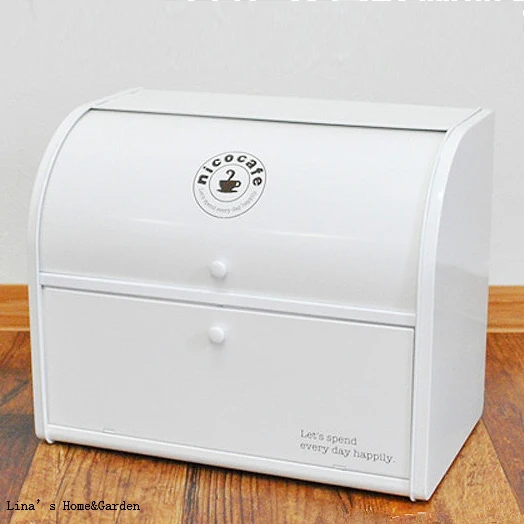 Rollup Top Light Gray Small Powder Coated Bread Bin In Storage