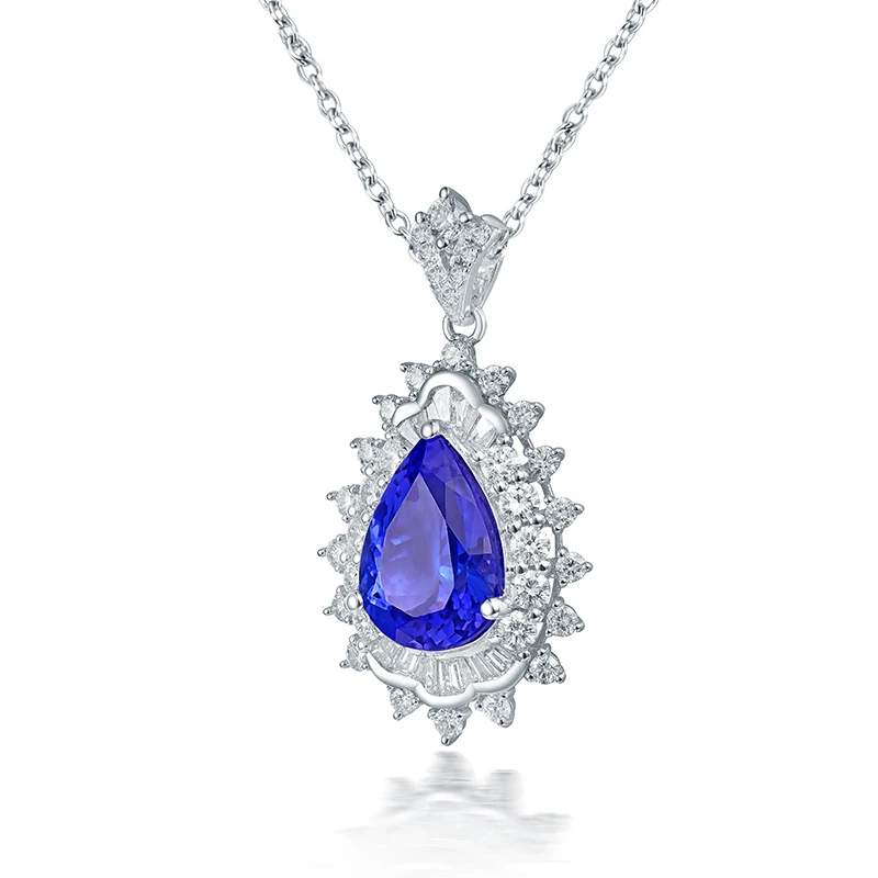 LOVERJEWELRY, женский элегантный кулон, твердый, 18 К, белое золото, голубой танзанит, Свадебный кулон, самоцвет в форме груши, настоящий бриллиант