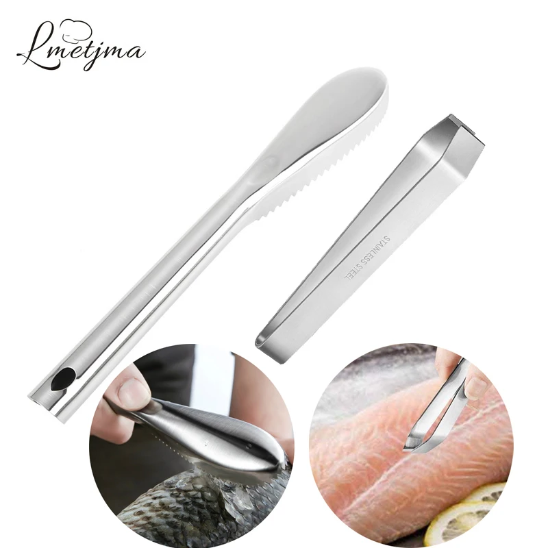 

LMETJMA 2pcs/set Fish Scale Knife and Fish Bone Tweezers Stainless Steel Fish Scale Remover Knife Fish Skin Cleaner Scraper Peel