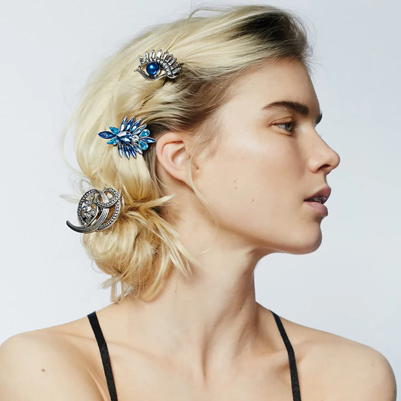 

New fashion vintage silver plated alloy eye shape with blue crystal hairpin hairwear hair best gift for women girl HA-114