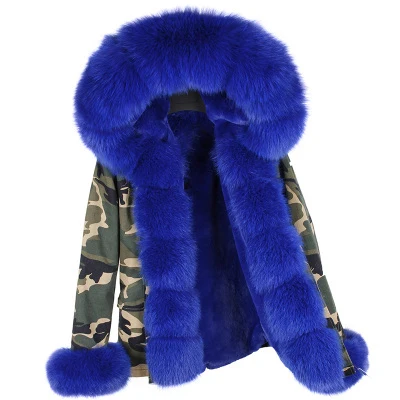 Бренд настоящий пуховик с мехом лисы зимняя куртка для женщин большой натуральный воротник теплый толстый серебристый PU Parkas зимнее пальто для женщин - Цвет: Camouflage blue