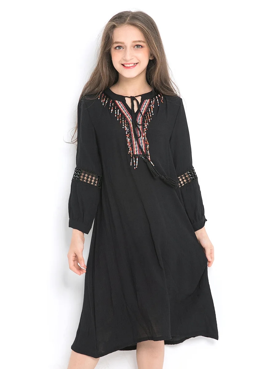 Шифоновое платье для девочек-подростков; черное платье с длинными рукавами и вышивкой; сезон осень-зима; модные мусульманские платья для девочек 10, 12, 14 лет - Цвет: Черный