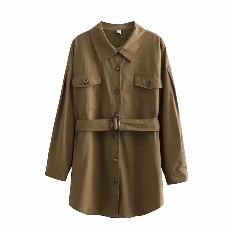 

Turn-down Collar Women Sashes Pocket Shirt Solid Color Long Sleeve Blouse Summer Style Loose Tops Casual Chemise S5531
