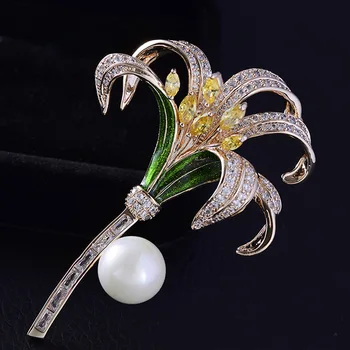 

Zlxgirl metal Copper Cubic zircon flower Shape copper brooches Women Gold Color Classic Wedding Decoration Enamel Corsage Pins