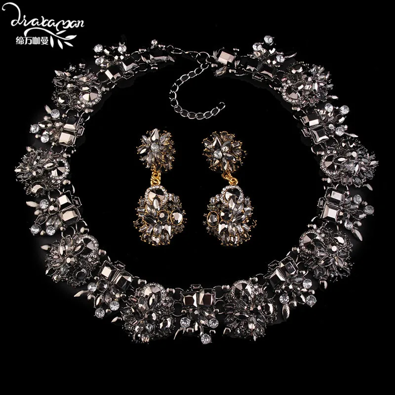 Dvacaman Роскошные Femme Bijoux Кристалл цветок Индийская Свадьба Ювелирные наборы для женщин себе ожерелье и серьги аксессуары A31 - Окраска металла: Black
