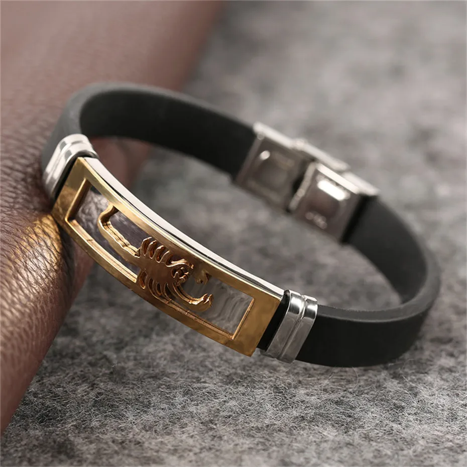 Silver Golden Scorpion Shape Fashion Silicone Stainless Steel Jewelry Rope Chain Sport Men Charms Bracelet Casual Couple Bangle (8)
