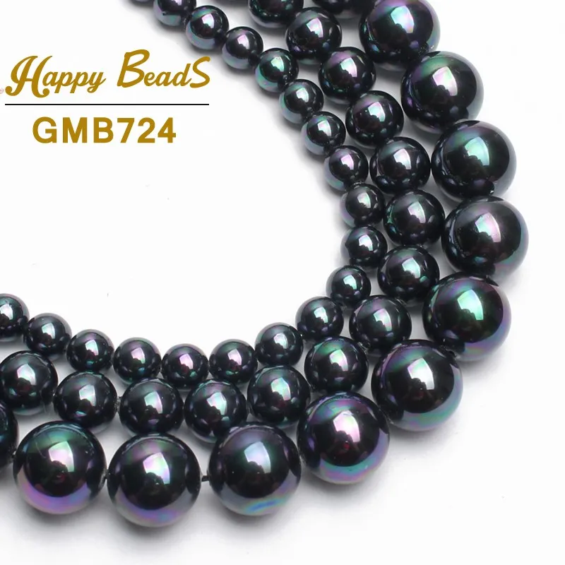 

Natural Round Smooth Black Rainbow Shell Pearl Beads For Jewelry Making Choker Making 15'' 6/8/10/12mm Diy Bracelet Jewellery