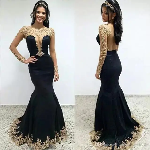

Newest Black Long Sleeves Mermaid Evening Dress 2017 Long Scoop Appliques Illusion Back Evening Party Gowns For prom dresses