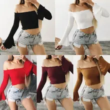 Thefound Sexy Straplee Top Cotton Women Off Shoulder Crop Blouse Top Flare Long Sleeve Shirt Blouse Knit
