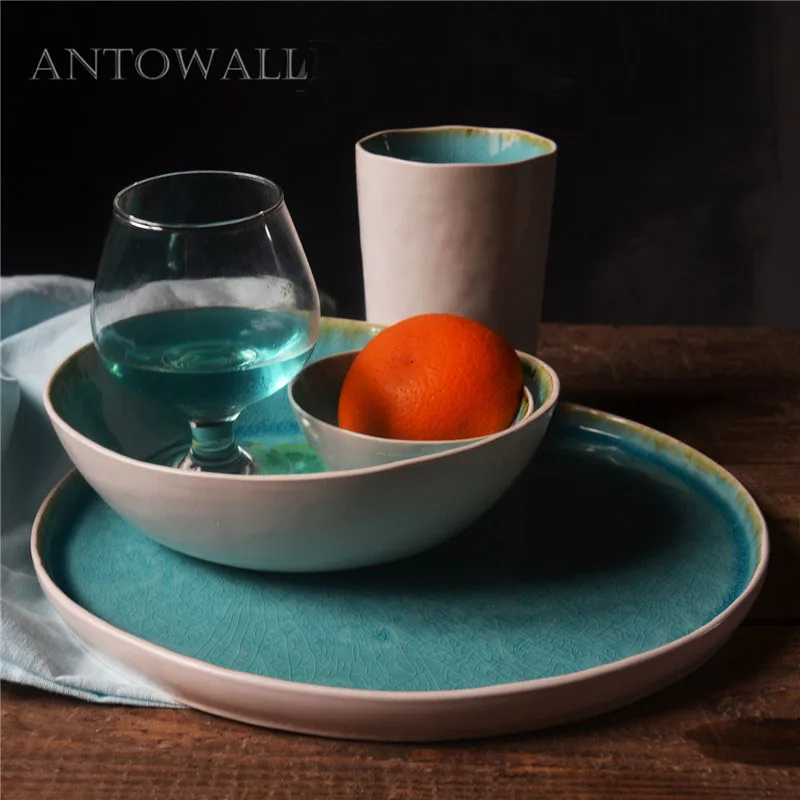 

ANTOWALL Ceramic Tableware Set Western Style Blue Ice Crack Glaze Steak Plate Restaurant Flat Dish Shaped Rice Salad Bowl Mug