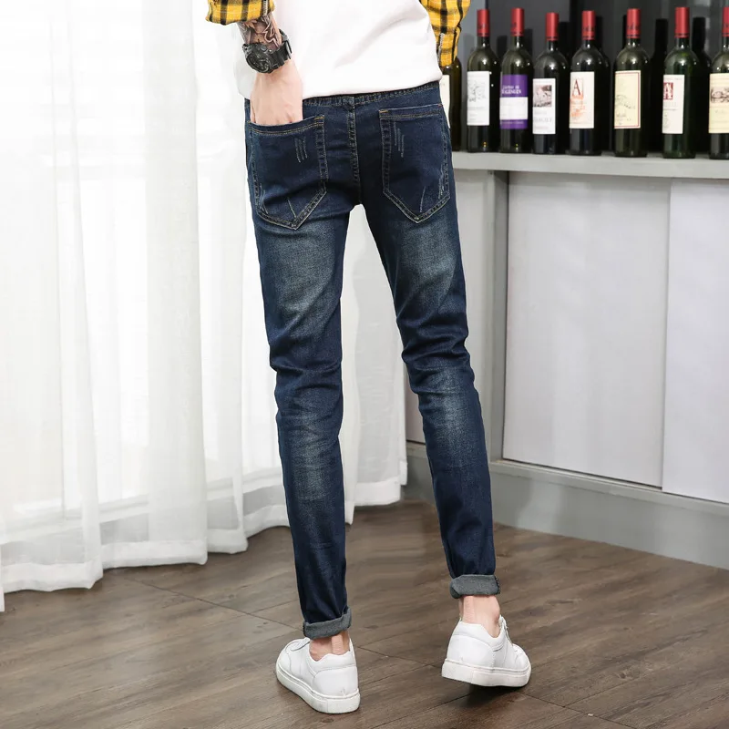 Мода осень зима мода карго темно-синий высокая уличная рваные портной стрейч хип хоп джинсы мужские большие размеры 38