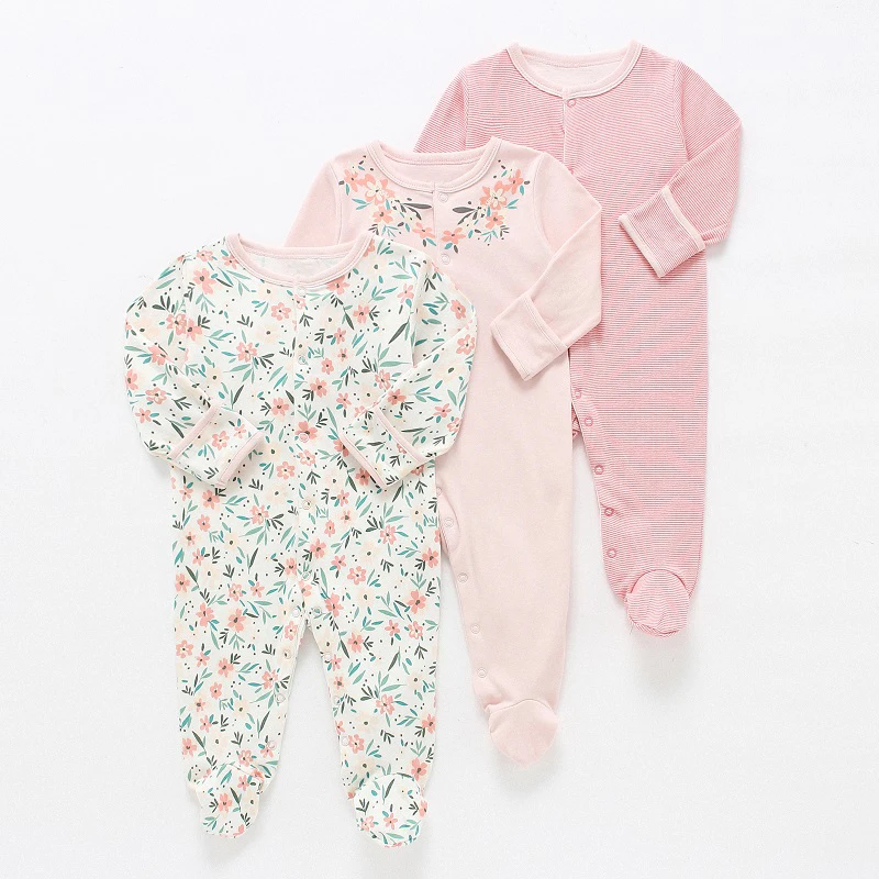 Комбинезоны для маленьких девочек от 0 до 12 месяцев, одежда для сна с длинными рукавами одежда для сна, пижамы комплекты из 3 предметов Одежда для младенцев Комбинезон для маленьких мальчиков, милая одежда с цветочным рисунком