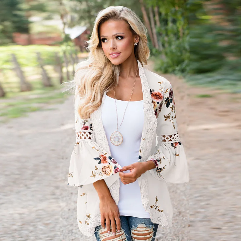 

Women New Printed Hollow Out Patchwork Cardigan Three Quarter Sleeve Flare Sleeve Casual Loose Coats Plus Size