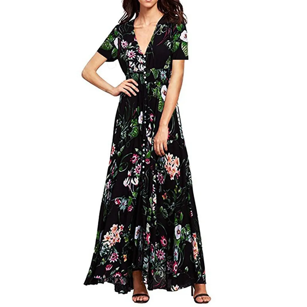 

Short Sleeve summer dresses and sundresses Floral Printed Button Up Split Flowy Long sundress female sukienka vestidos#G6