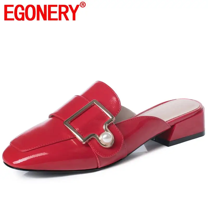 

EGONERY pearl woman slippers fashion summer patent pu leather mules shoes beige red black square toe low heels sandals plus size