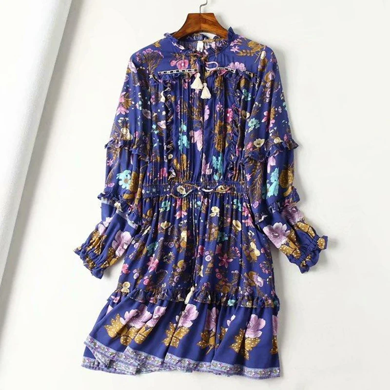 

KHALEE YOSE Navy Wild Bloom Mini Dress Summer Floral Playdress Long Sleeve Ruffle Tassel Tie Up Boho Chic Women Sundress Female