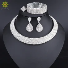 С украшением в виде кристаллов Свадебные Ювелирные наборы серебряного цвета со стразами Цепочки и ожерелья серьги, браслет, кольцо на свадьбу, Обручение комплекты украшений для женщин