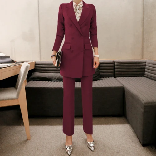 

Fashion Double Breasted Women Pant Suit Notched Long Blazer Jacket And Straight Pant Casual 2 Pieces Set Slim Work Business Set