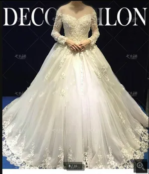 

2016 new arrival ball gown long sleeve jewel neck sexy wedding dress princess beading sequins long bride gowns best selling