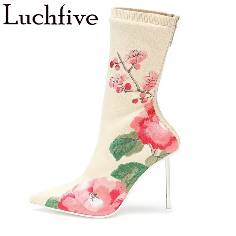 

Luchfive Stretch Fabric Embroider Socks Boots Women Zip Pointed Toe Mid-calf Runway Thin High Heel Short Women Boots Off White