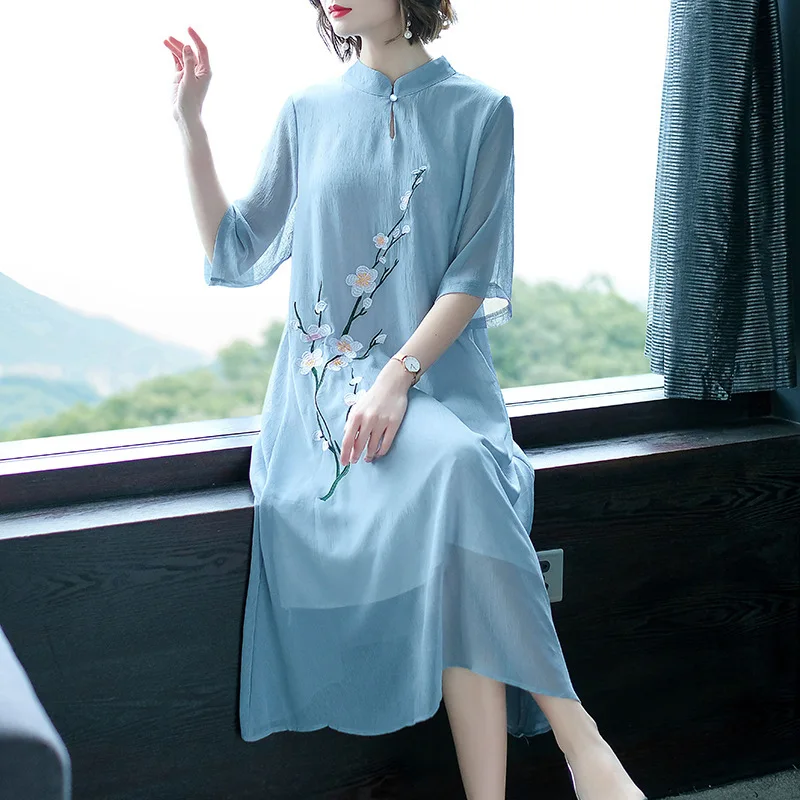 

2019 Summer RetroTang Dress Large Size Silk Embroidery Blue Fairy Chiffon Dress Half Sleeve Knee-Length Mandarin Collar Hanfu