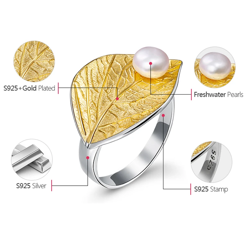 Lotus Fun Real 925 Sterling Silver Natural Pearl 18K Gold Leaf Ring Fine Jewelry Creative Designer Open Rings for Women Bijoux - Image 5