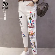 2017 Women Korean Cartoon Personality Hole Loose Denim Trousers Ladies Elastic wais Straight Denim Pants Female Character Print