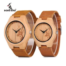 BOBO BIRD Lovers Elk Deer Head Bamboo Wooden Watches with Soft Brown Leather Strap for Men Women Relogin Masculino hombre Mujer