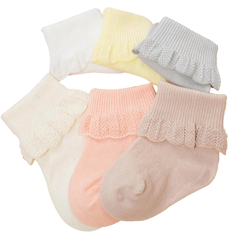 Принцессы Кружево носочки для девочки хлопок для новорожденных детские носки для От 0 до 3 лет смесь цветов 6 пар/лот подарочная коробка