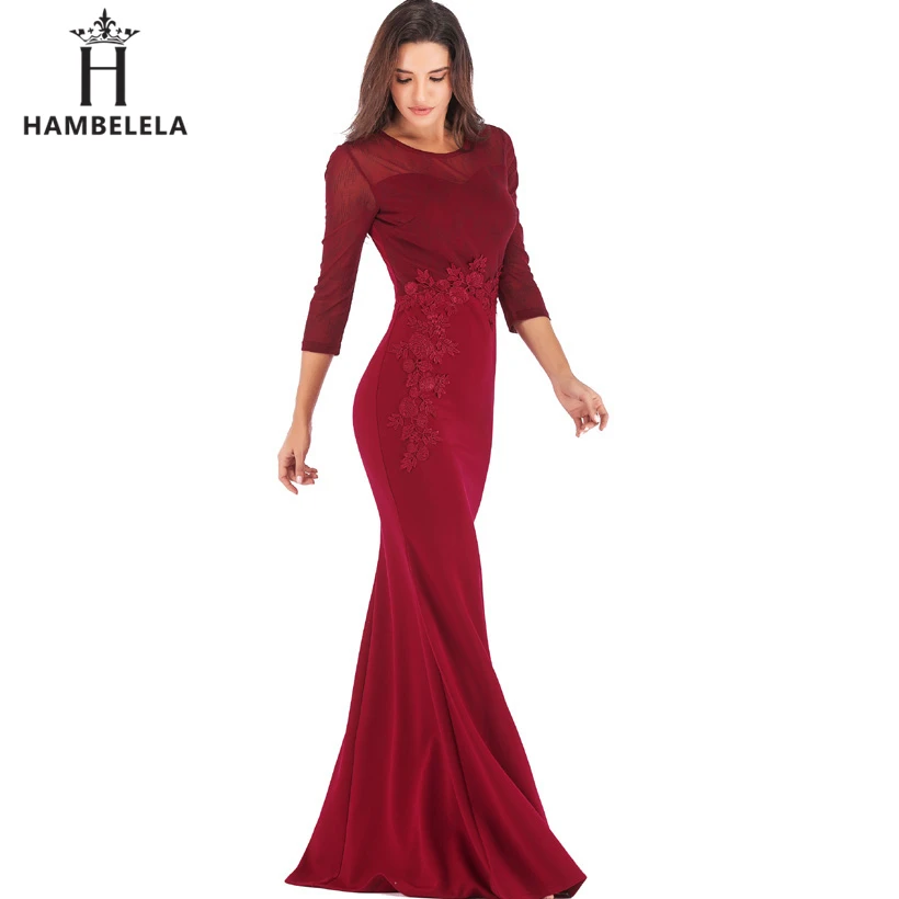 HAMBELELA, сексуальные кружевные вечерние платья с круглым вырезом и цветочным рисунком, длина в пол, длинный рукав, облегающее Макси-платье, женские вечерние платья, сексуальное платье
